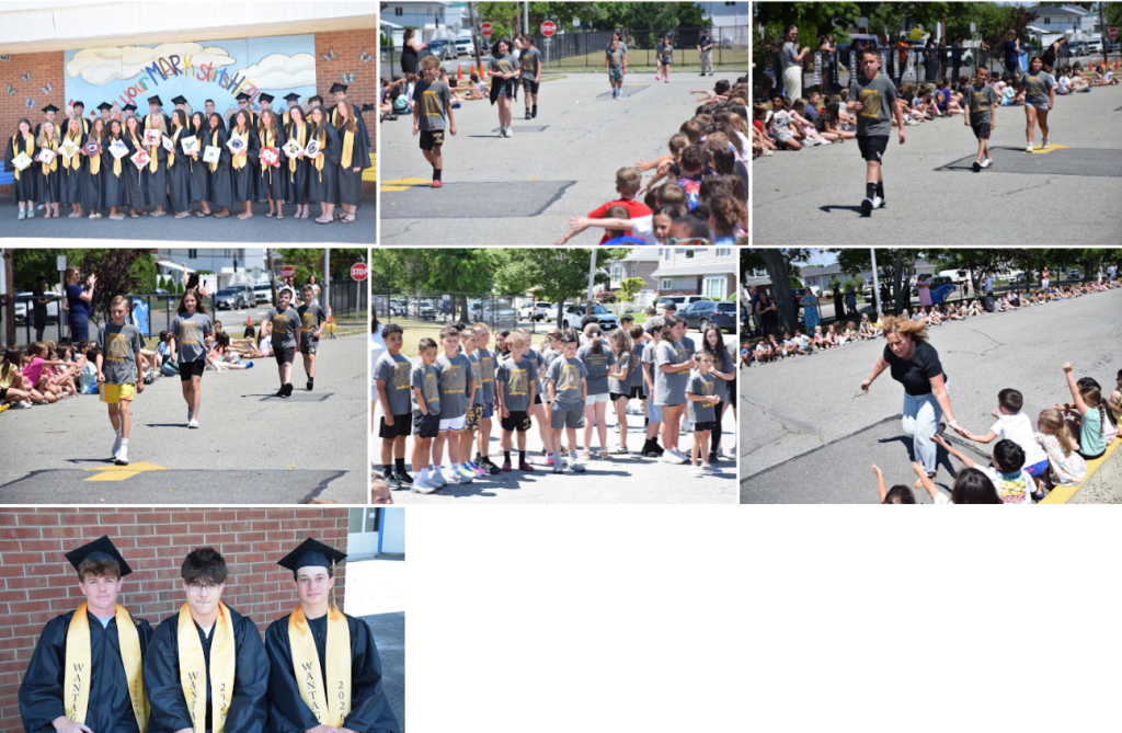 students in graduation robes walking down street
